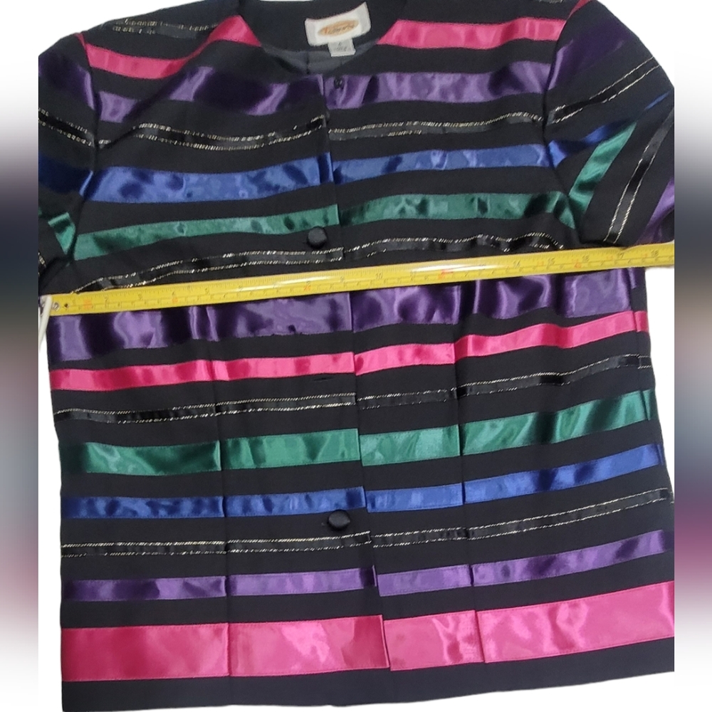 🥰TALBOTS 4  BLAZER DRESSY JACKET BLACK RAINBOW SATIN RIBBON STRIPE GOLD THREAD - Picture 6 of 11